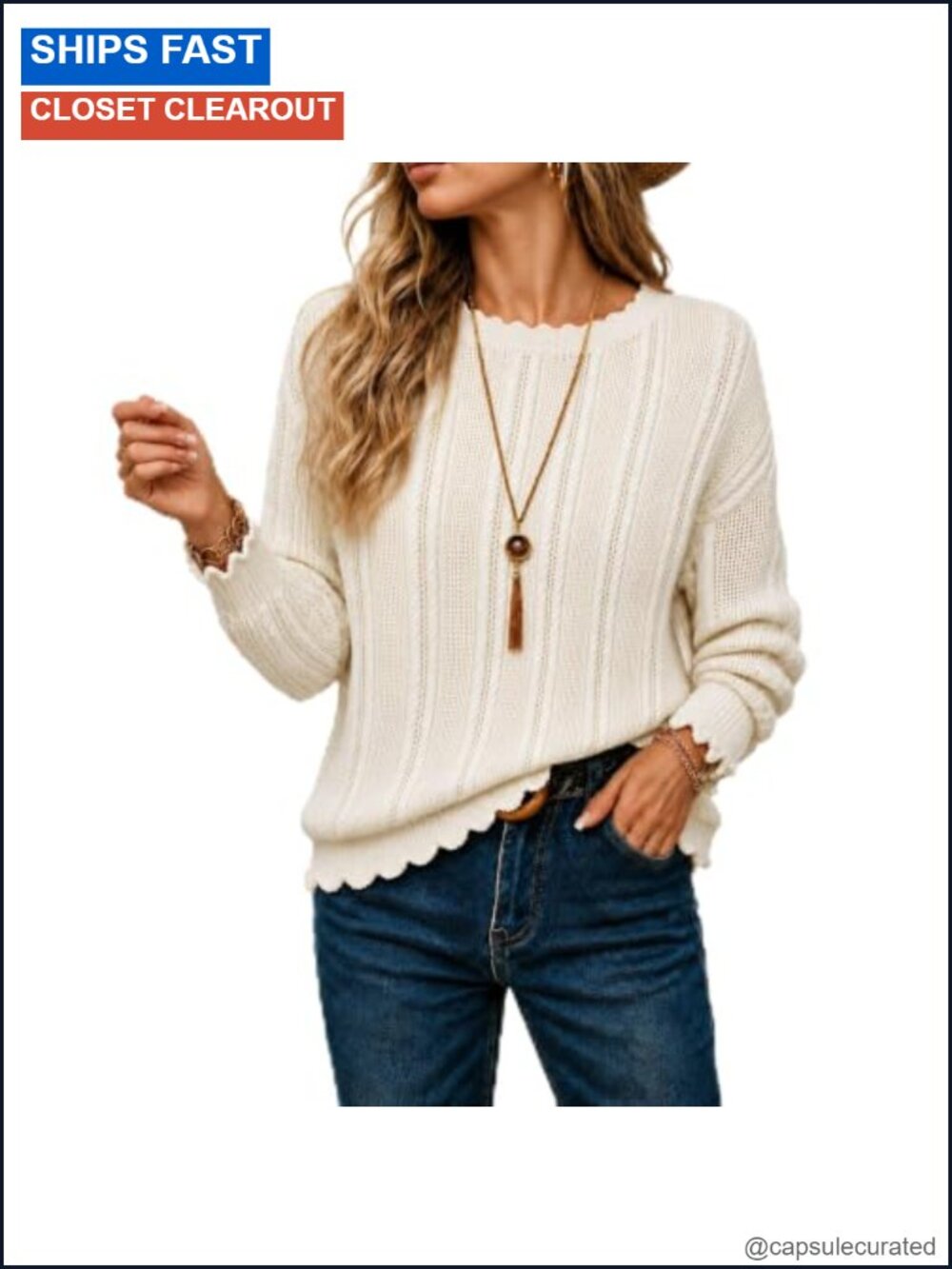 Women's Pullover Sweater Crew Neck Scalloped Cable Knit